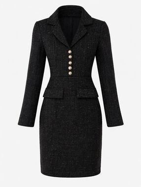 Classy Pinup Retro Black Boucle Button Dress S